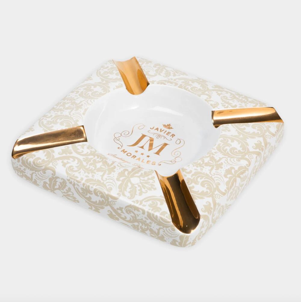 New Javier Morales White Gold Ceramic Cigar Ashtray 4 Cigar Rests Large Box
